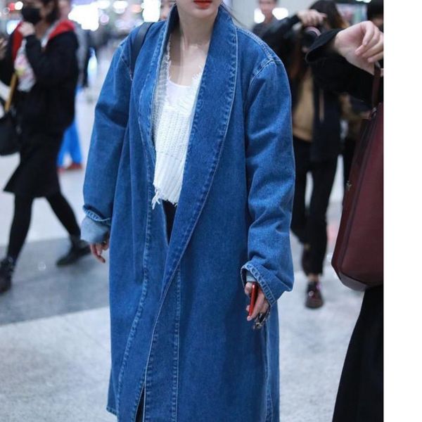 

yd-ever new fashion clothes women autumn denim blue light jacket long sleeve waist belts overcoat female wa92405l cardigan, Tan;black
