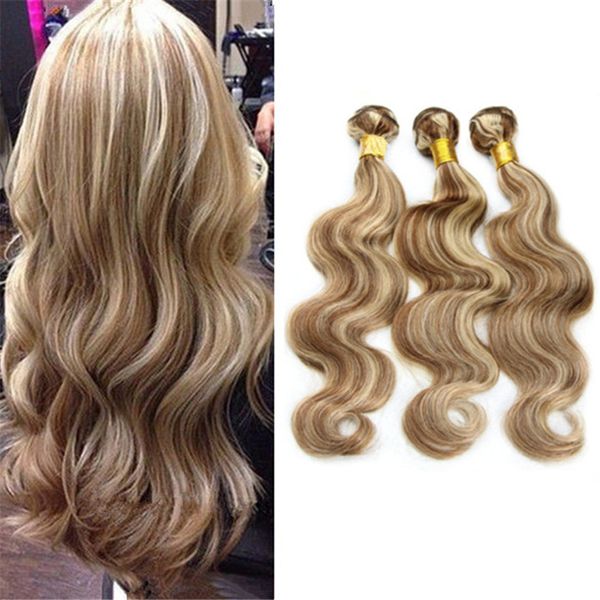 

8a light brown with blonde mixed piano color hair 8 613 highlight body wave brazilian virgin human hair weave exten ion 3pc lot