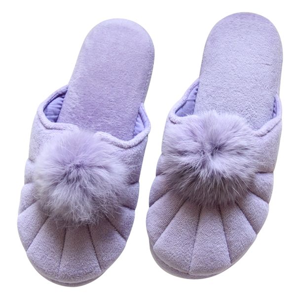 

cute plush ball home fur slippers women indoor bedroom slippers spring autumn floor warm shoes, Black