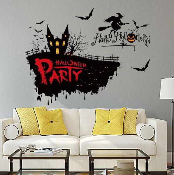 Felice Halloween Wall Sticker Pipistrelli Strega Web Zucca Pvc Peel off Adesivi Impermeabili Partito Orrore Spaventoso Decorazione 70X50 cm