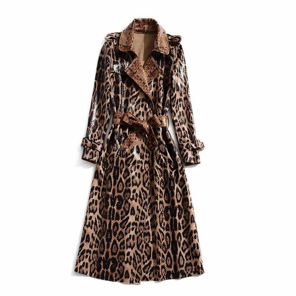 

european and american women's 2022 winter clothing new long sleeve lapel leopard print lace-up trench coat, Tan;black
