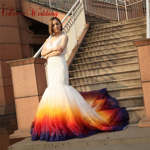 

2018 splendid lace mermaid wedding dresses with multi color stain lace up back train long elegant wedding gowns black girl, White