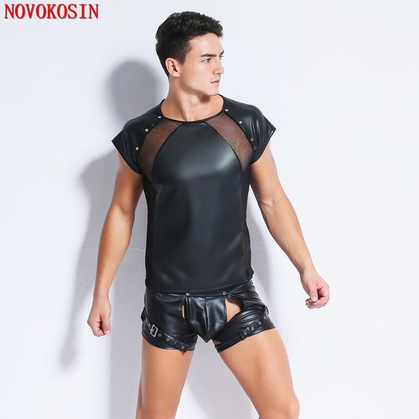 

xx123 summer style 2018 fashion black faux leather men lingerie fitness tight tees short sleeves front tulle t shirts, White;black