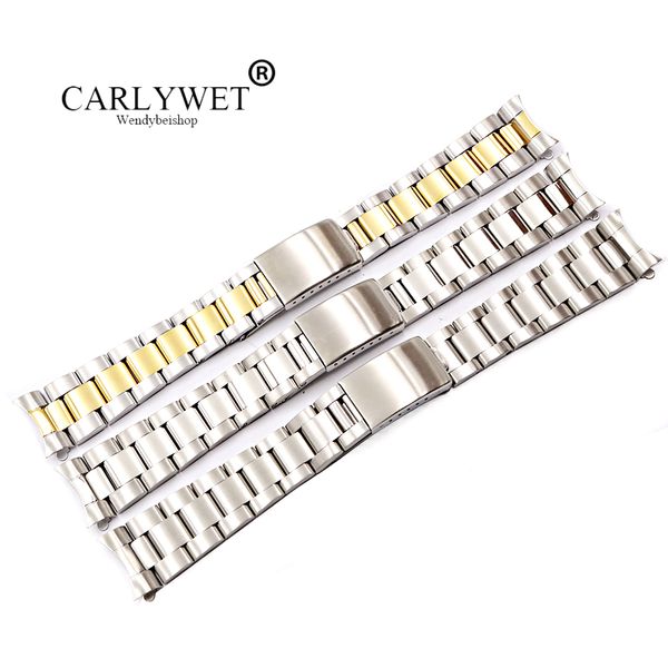 

carlywet 19 20mm 316l stainless steel two tone gold silver watch band strap old style oyster bracelet hollow curved end, Black;brown