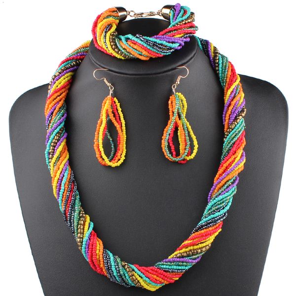 

claire jin multi layer necklace bracelet earrings ethnic handmade small beads jewelry set for women three pieces bohemian trend, Silver