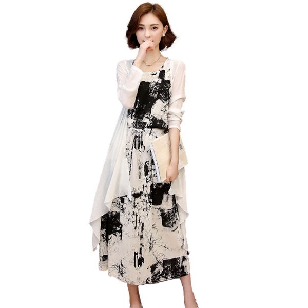 

plus size 5xl vintage cotton linen summer dress women sleeveless maxi long tank dress with cardigan robe femme beach c4112, White;black