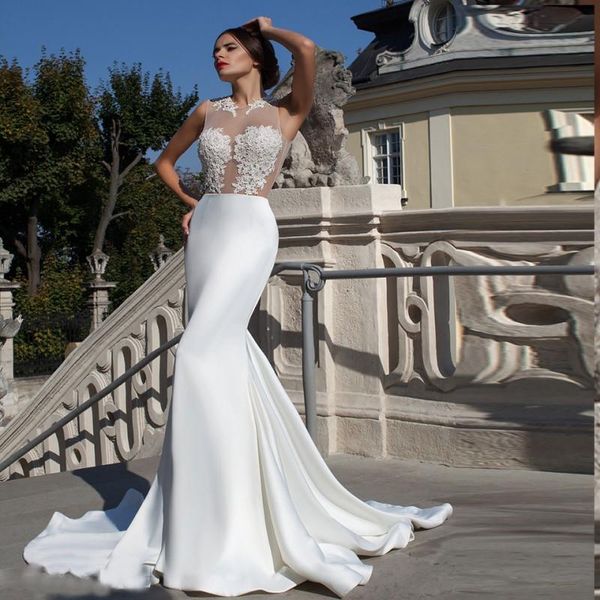 

see through mermaid wedding dresses sheer jewel neck sleeveless appliques lace long satin wedding dress vestidos de noiva, White