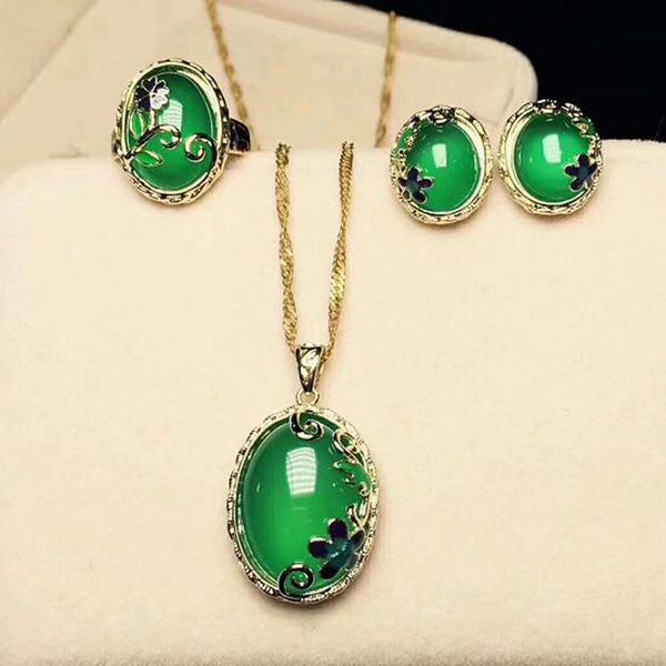 

yu xin yuan fine jewelry cloisonne green jade jewelry ring of necklace earrings ring 925 three chalcedony suit cloisonne craft, Black