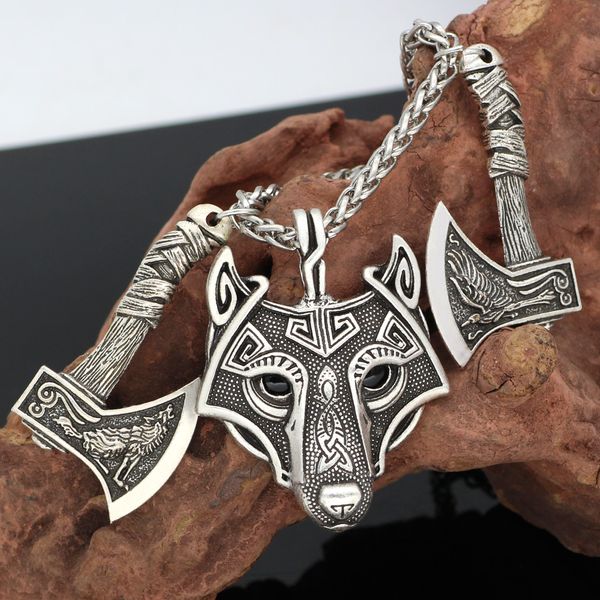 

viking amulet nordic rune odin raven wolf head pendant necklace with gift bag, Silver