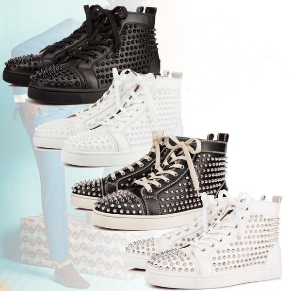 

Spike men flat black white leather trainer for men high red bottom neaker luxury brand women modern ca ual hoe eu35 46