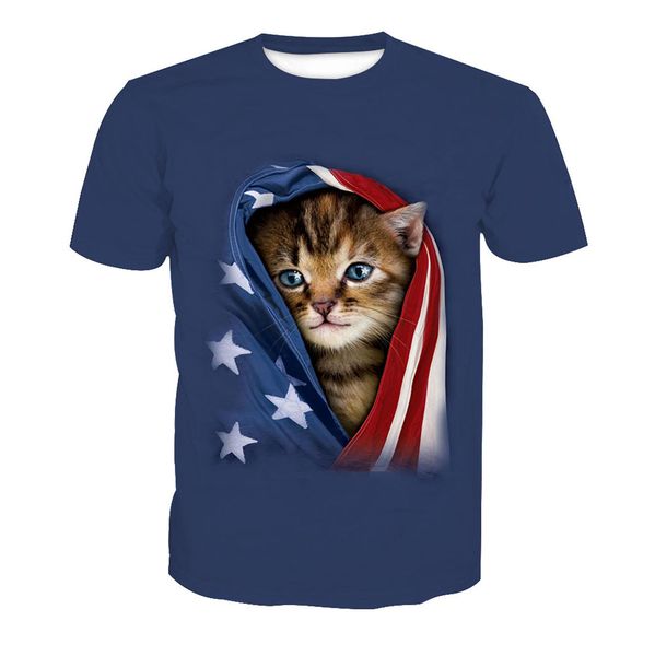 

men clothing cat with flag printed casual tshirts summer male crew neck tees short sleeve, White;black