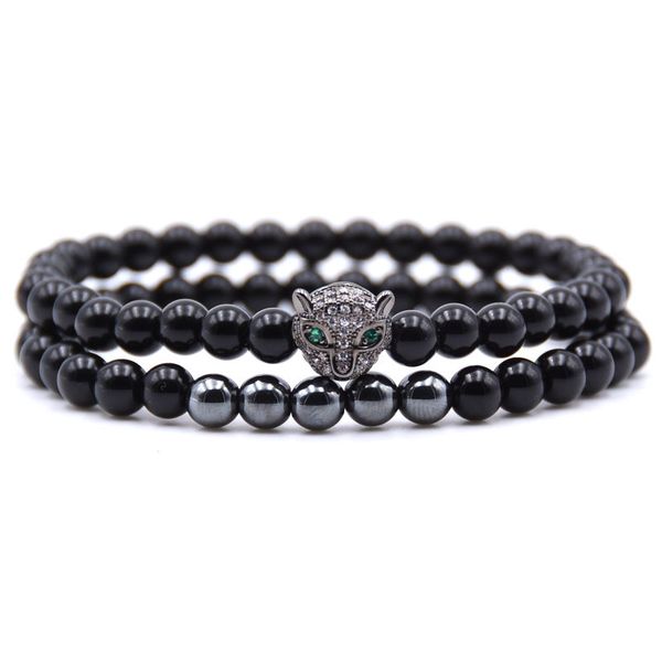 

punk black smooth 6mm stone leopard bracelets set men charm couple skeleton bracelt sets male hand doodskop pulseira caveira