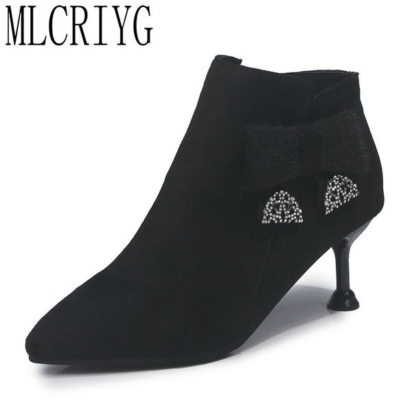 

2018 new arrival fashion appliques black ankle boots women thin heels pointed toe zip boots flock woman spring autumn shoes