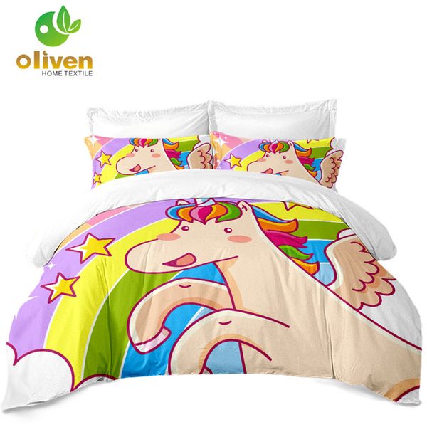 Kids Cartoon Bedding Set Flying Unicorn Bedding Cover Colorful