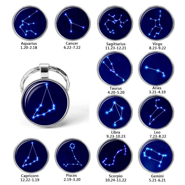 

birthday christmas gift cute cartoon pattern 12 constellations zodiac signs keychains aries gemini round key chain rings jewelry, Silver