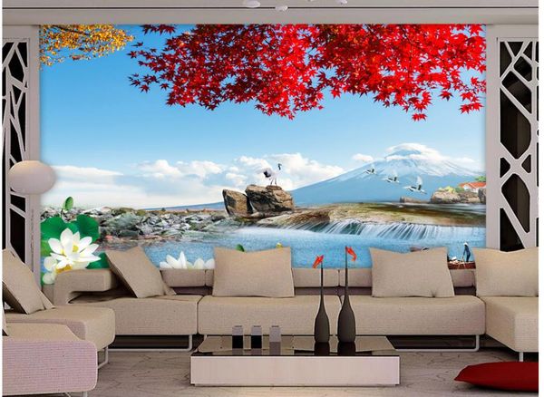 

hd japan fuji mountain maple leaf lotus wall 3d murals wallpaper for living room