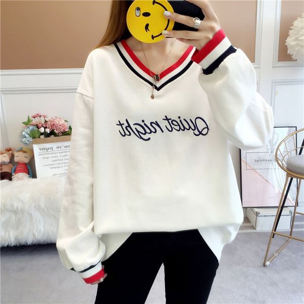 

autumn hoodies women sweatshirt korean casual letter printed drop shoulder long sleeve v-neck harajuku moletom feminino pullover, Black