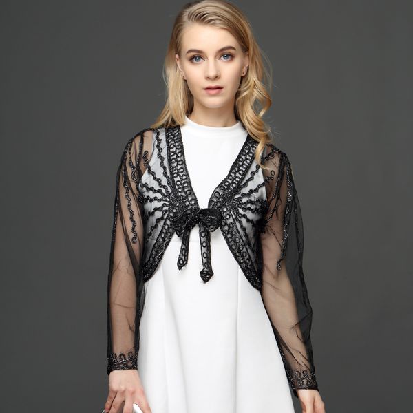 

summer women lace bolero coat shrug long sleeve short thin crochet embroidery striped female shawl women cardigan with belt, White;black