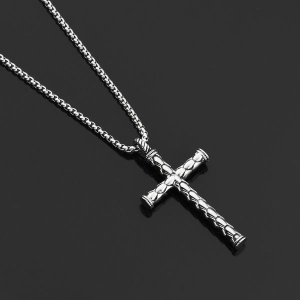 

fashion men jewelry stainless steel cross pendant necklaces cylindrical design 70cm long chain punk necklace for men, Silver