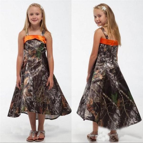 Novo hi-lo camo casamento flor meninas vestidos cintas de espaguete uma linha chá-comprimento vestidos de dama de honra júnior meninas pageant dresses299n