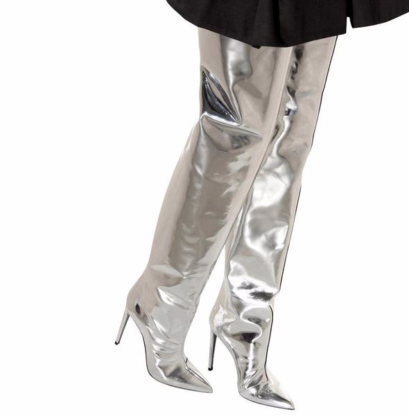 

fall sliver metallic thigh high boots for women superstar shoes pointy toe thin heel mirror patent leather high heel long boots, Black