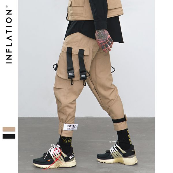 

inflatlion loose fit elastic waist cargo pants street ankle banded pants large pockets casual fashion cargo 8884w, Black