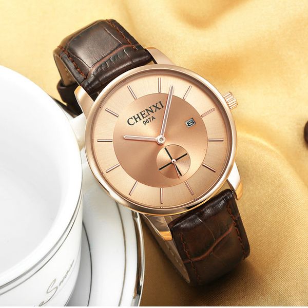 

chenxi luxury leather watcher couple watch sports men women wristwatch brand automatic date calendar quartz watches, Slivery;brown
