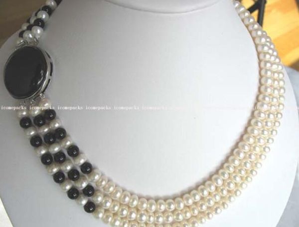 

wholesale charming 3 rows 17.5-18.5-19.5" 7mm white freshwater pearl and black onyx necklace, Silver