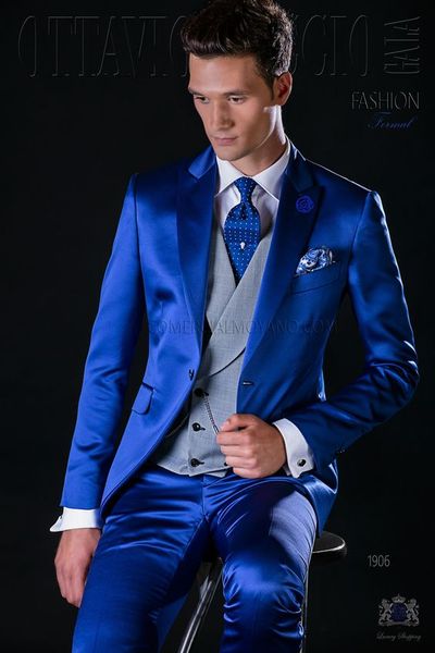 Smoking dello sposo di design popolare One Button Shiny Royal Blue Peak Risvolto Groomsmen Abito da uomo migliore Abiti da uomo da sposa (giacca + pantaloni + gilet + cravatta) J460