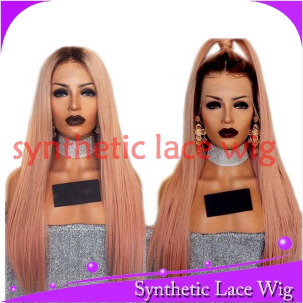 

mhazel long straight 26in black ombre dark pink synthetic glueless front lace wig middle part for woman