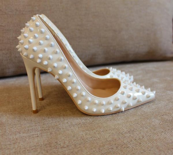 

бесплатная доставка женская мода насосы белый лакированная кожа шипованные шипы заклепки точка toe высокие каблуки тонкий каблук 12 см  см, Black