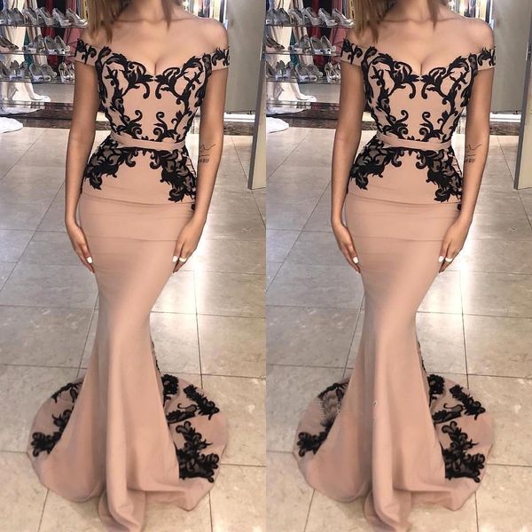 

vintage off the shoulder mermaid prom dresses 50s nude pink beach lace appliqued formal evening party gowns, Black