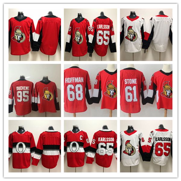 

2018 new 100th classic ottawa senators hockey 61 mark stone 65 erik karlsson 68 mike hoffman 95 matt duchene 00 blank jersey, Black;red