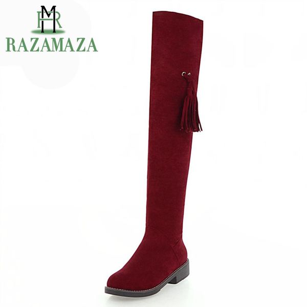 

razamaza fashion tassels women over the knee boots round toe zipper flats footwear winter warm daily women shoes size 34-43, Black