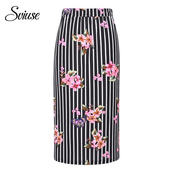 

women summer high waist straight skirt striped floral print elegant side split midi skirts female casual streetwear skirts, Black