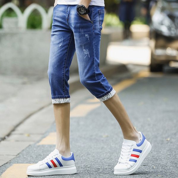 

thin men's cat in summer breaks 7 points cowboy shorts slim feet stretch 7 points pants men's korean trend, Blue