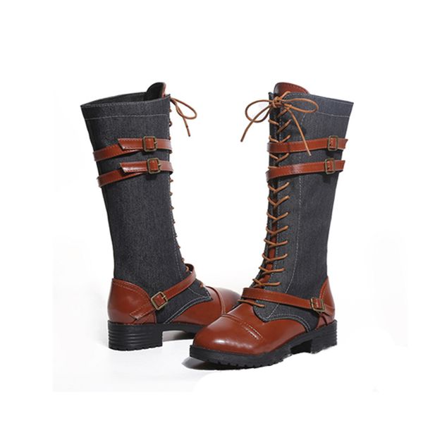 

yjsfg house autumn mid-calf motorcycle boots lace up belt buckle 2018 denim women boots female zipper knight botas mujer, Black