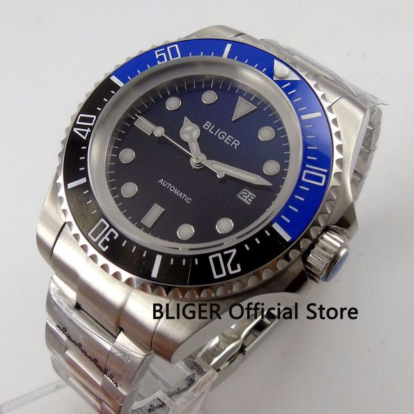 

solid bliger 44mm blue black dial rotating ceramic bezel luminous marks mineral glass miyota automatic movement men's watch b68, Slivery;brown