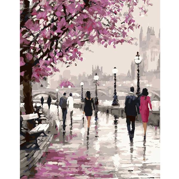 Wholesale-Frameless Cherry Blossoms Road Diy Oil Painting By Numbers Kits Wall Art Picture Home Decor Acrylic Paint On Canvas For Artwork