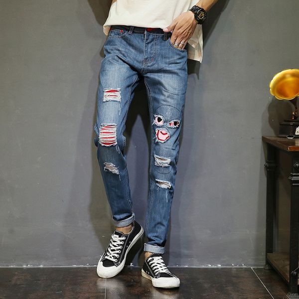 

new spring and summer new men's jeans korean version waist repair hole man fashion teenager pants fs907, Blue