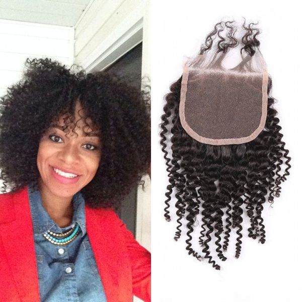 

4*4 malaysian kinky curly closure virgin human hair lace closure 130% density natural color part closure, Black;brown