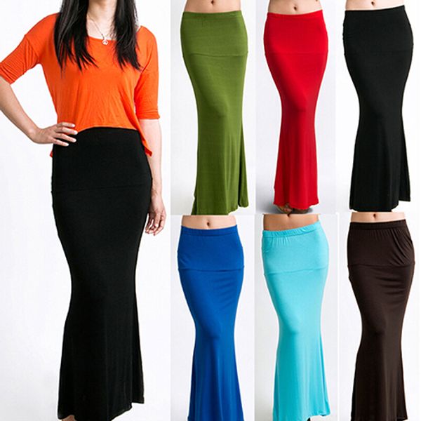 

arrivalfshion women's long solid maxi skirt candy color jersey flared summer casual, Black