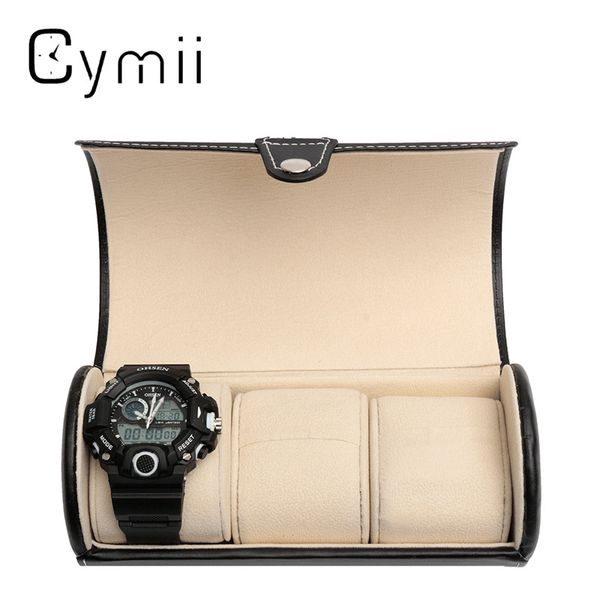 

black 3 slot cylindrical watch travel case leather roll jewelry watch storage holder watchbox case collector organizer 19x9cm, Black;blue