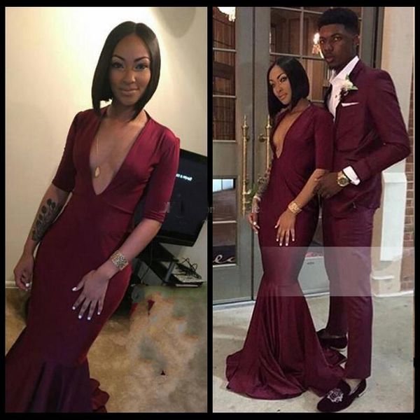 

Burgundy Long Prom Dresses 2018 Deep V Neck Half Sleeves Jersey Floor Length Black Girls Mermaid African Evening Gowns Pageant Party Dresses