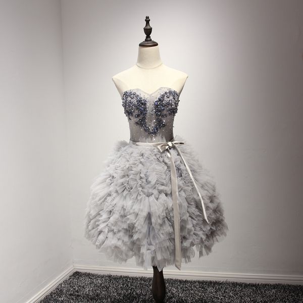 

stunning silver gray prom dress ball gown knee length pleats tulle major beading sequins party dress lace-up back, Black