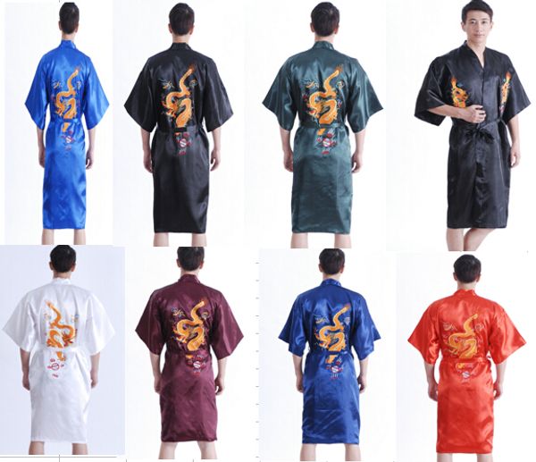 Вышивка высшего качества маленькие драконы китайские шелковые мужские мужские халаты кимоно одеяния платье черное красное синее белое темно -синие многие цвета выбирайте бесплатный корабль
