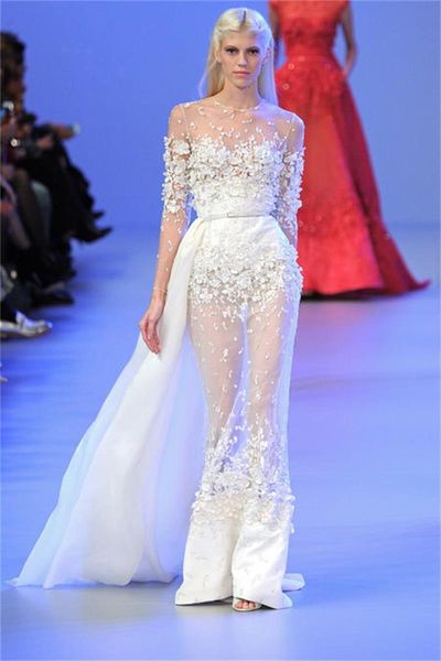 2022 Sexy Elie Saab Vestidos de noite bainha de mangas compridas Apliques de renda ver através do pescoço puro de vestidos de festa de baile de formatura longa com a saia Remover