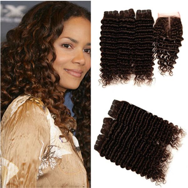 Capelli umani vergini brasiliani # 4 Onda profonda ondulata marrone scuro Tessiture ondulate con chiusura superiore Marrone cioccolato 4x4 Chiusura in pizzo con 3 pacchi