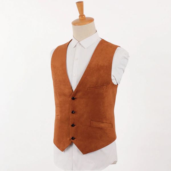 

brown suede vest men vintage suit vest british style jacket male slim fit single breasted leather waistcoat, Black;white