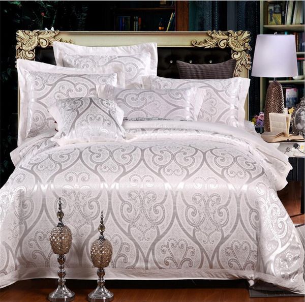 

white jacquard quilt cover bed sheet pillowcases embroidered bedding set king 4pcs wedding bedclothes bed set silk/cotton